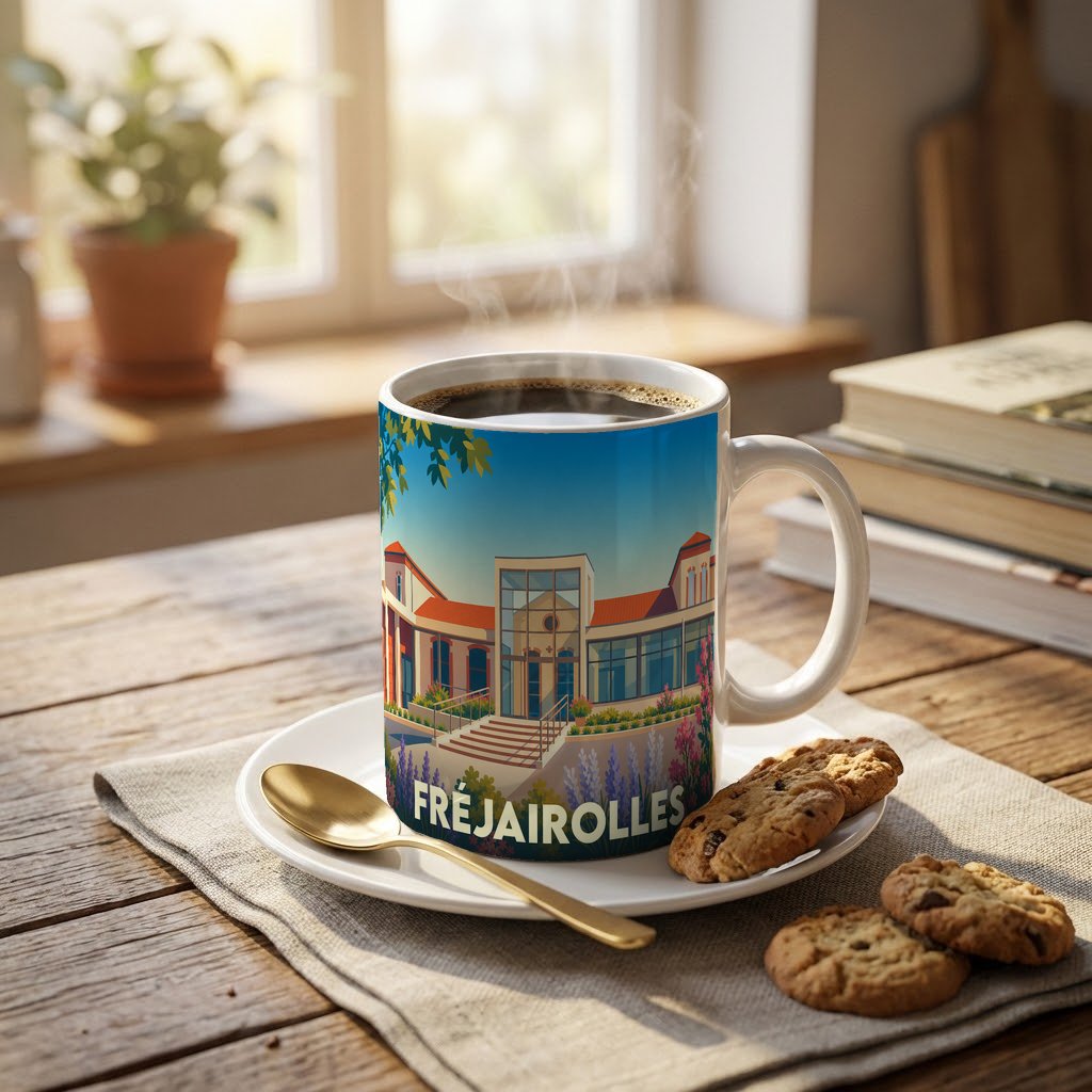 Mug souvenir de la ville de Fréjairolles avec une illustration stylisée et colorée.