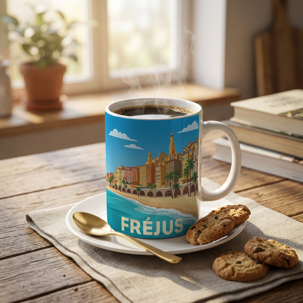 Mug souvenir de la ville de Fréjus avec une illustration stylisée de son bord de mer.