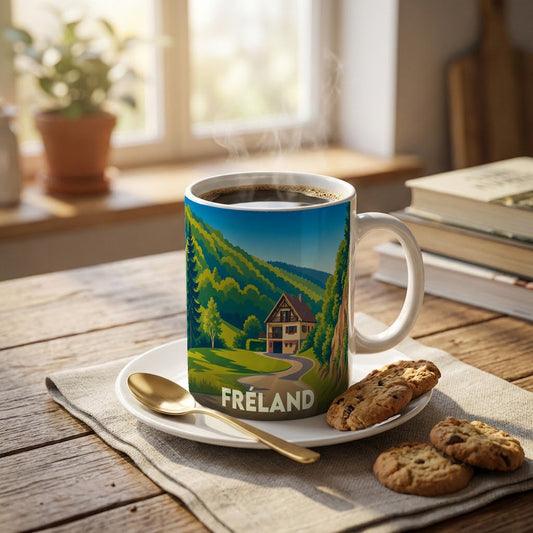 Mug souvenir de la ville de Fréland orné d'une illustration stylisée de paysage alpin.