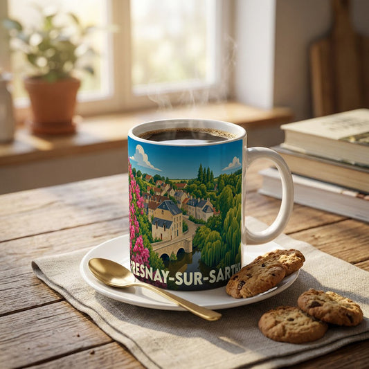 Mug souvenir de la ville de Fresnay-sur-Sarthe avec une illustration stylisée.