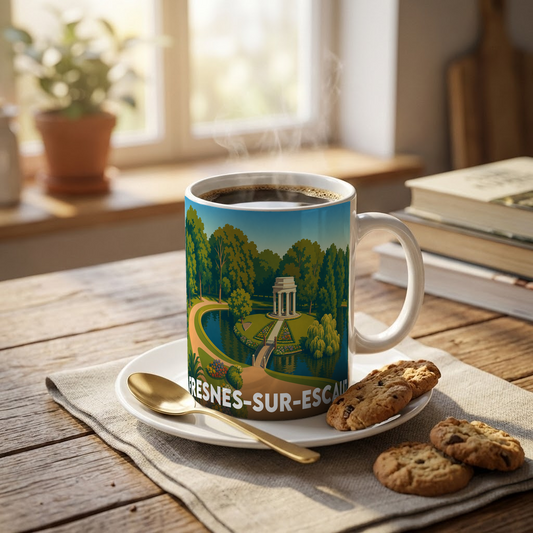 Mug souvenir de la ville de Fresnes-sur-Escaut orné d'une illustration stylisée d'un parc avec pavillon et plan d'eau.