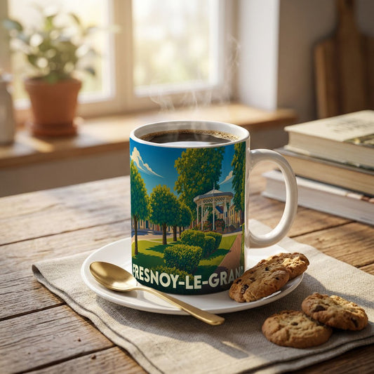 Mug souvenir de la ville de Fresnoy-le-Grand avec une illustration stylisée d'un parc et son kiosque.