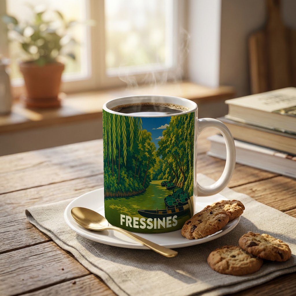 Mug souvenir de la ville de Fressines orné d'une illustration stylisée de barques sur une rivière boisée.