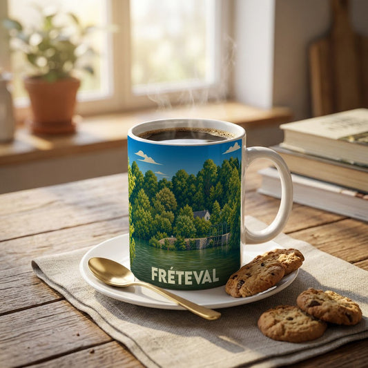 Mug souvenir de la ville de Fréteval orné d'une illustration paysagère stylisée.