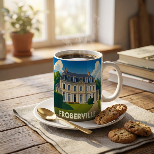 Mug souvenir de la ville de Froberville avec une illustration stylisée d'un manoir.