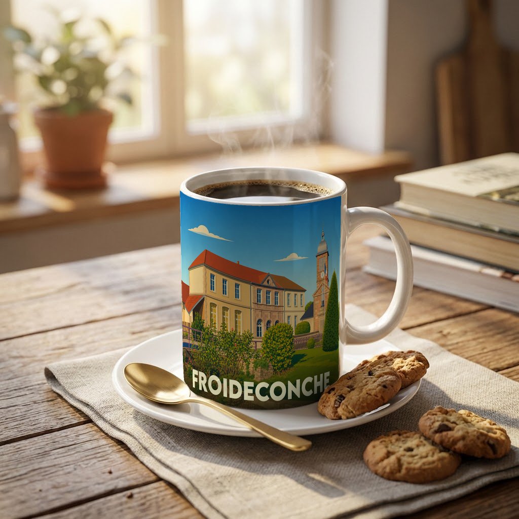 Mug souvenir de la ville de Froideconche avec une illustration stylisée d'un bâtiment emblématique.