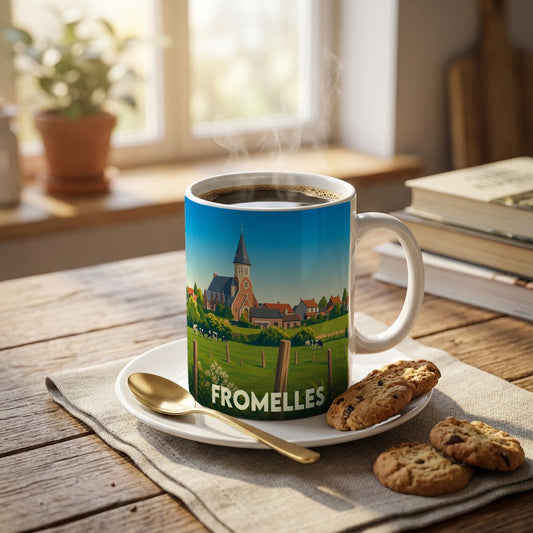 Mug souvenir de la ville de Fromelles avec une illustration stylisée d'un paysage rural et d'une église.