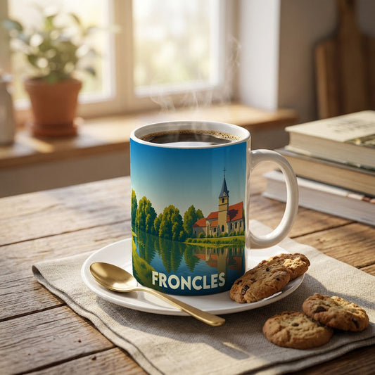 Mug souvenir de la ville de Froncles avec une illustration stylisée d'une église au bord de l'eau.