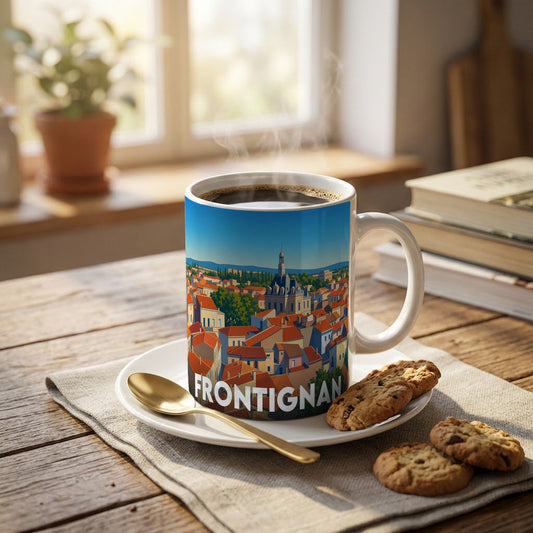 Mug souvenir de la ville de Frontignan avec une illustration stylisée.