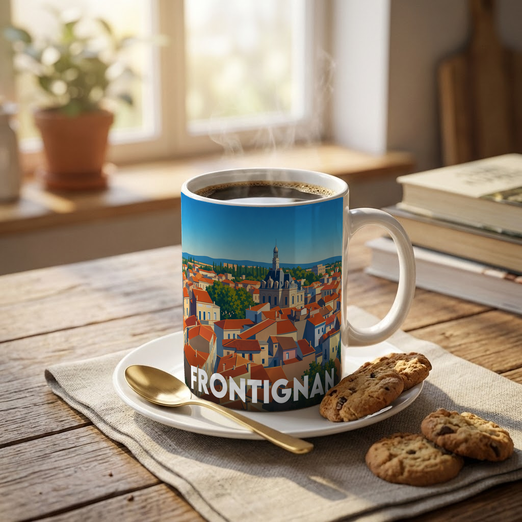 Mug souvenir de la ville de Frontignan avec une illustration stylisée.