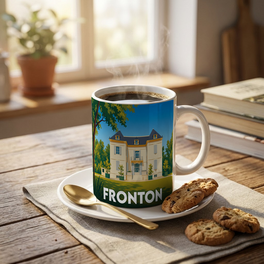 Mug souvenir de la ville de Fronton avec une illustration stylisée d'une demeure bourgeoise.
