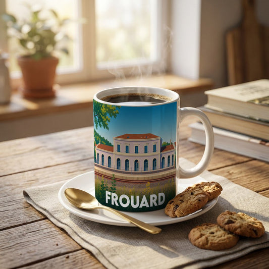 Mug souvenir de la ville de Frouard avec une illustration stylisée d'un bâtiment emblématique.