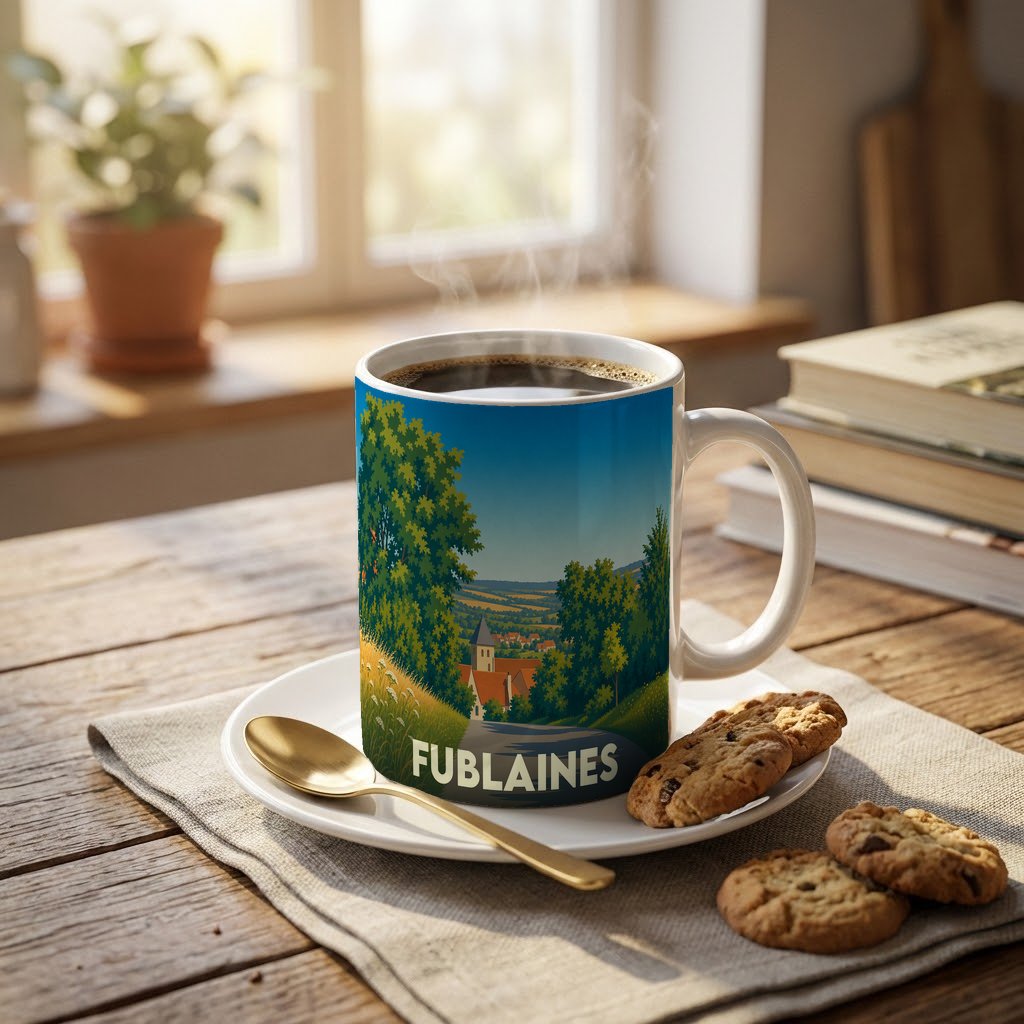 Mug souvenir de la ville de Fublaines orné d'une illustration paysagère stylisée.