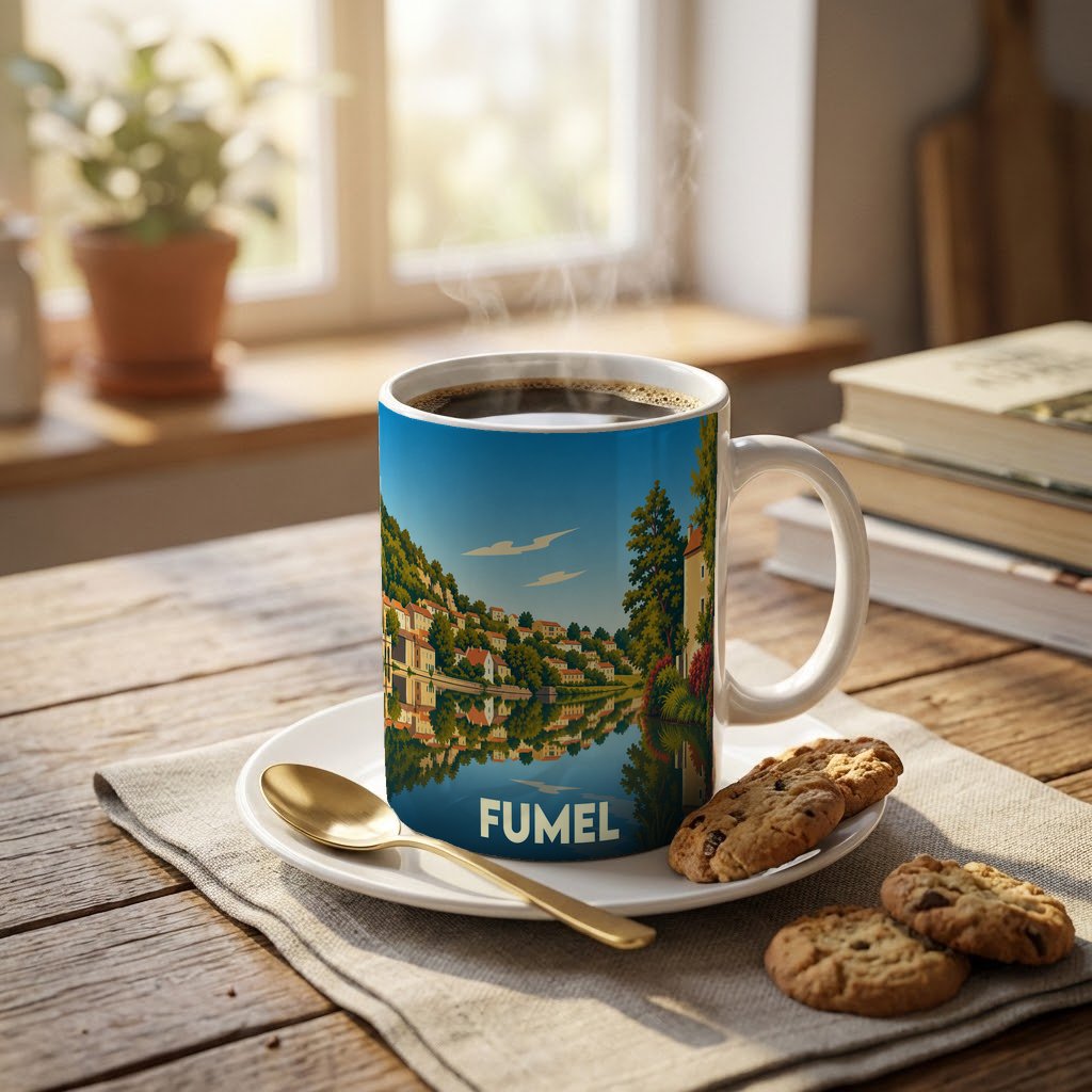 Mug souvenir de la ville de Fumel avec une illustration stylisée d'un paysage fluvial.