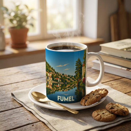 Mug souvenir de la ville de Fumel orné d'une illustration stylisée de ses maisons au bord de l'eau.