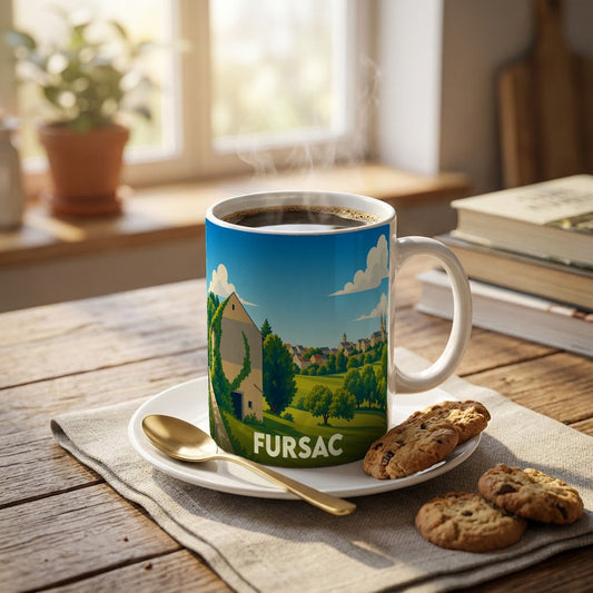 Mug souvenir de la ville de Fursac avec une illustration stylisée d'un paysage de campagne.