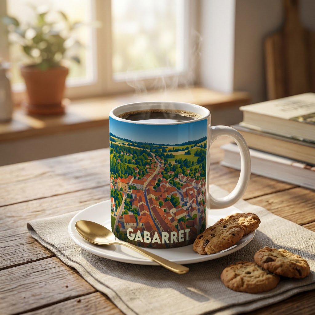 Mug souvenir de la ville de Gabarret orné d'une illustration panoramique colorée.