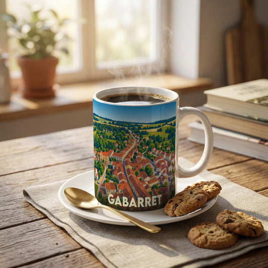 Mug souvenir de la ville de Gabarret orné d'une illustration panoramique colorée.