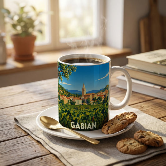 Mug souvenir de la ville de Gabian orné d'une illustration stylisée de son paysage et de ses vignobles.