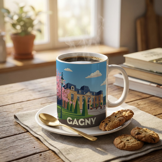 Mug souvenir de la ville de Gagny avec une illustration stylisée.