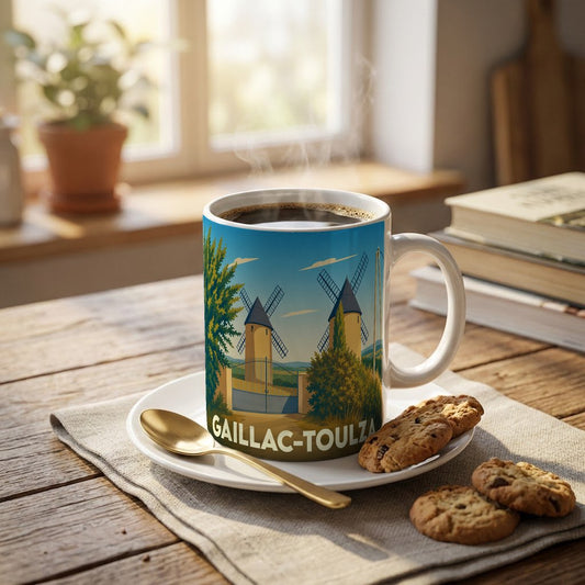 Mug souvenir de la ville de Gaillac-Toulza orné d'une illustration stylisée de moulins à vent.
