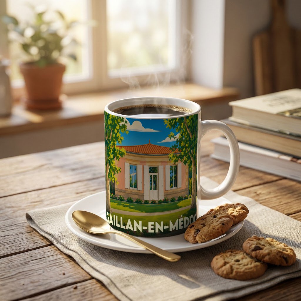 Mug souvenir de la ville de Gaillan-en-Médoc avec une illustration stylisée d'une maison régionale.