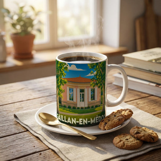 Mug souvenir de la ville de Gaillan-en-Médoc avec une illustration stylisée d'une maison régionale.