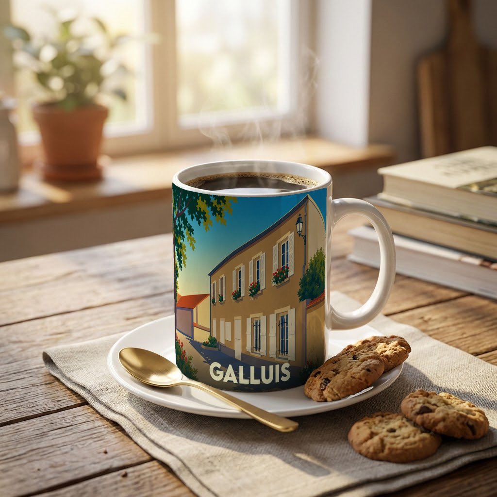 Mug souvenir de la ville de Galluis orné d'une illustration stylisée d'une rue ensoleillée.