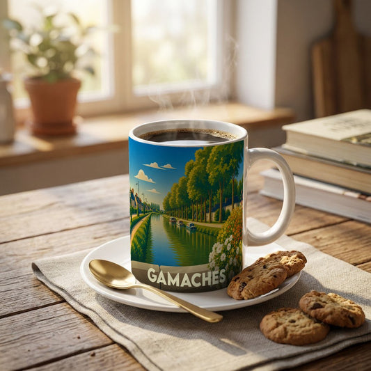Mug souvenir de la ville de Gamaches orné d'une illustration stylisée d'un canal bordé d'arbres.