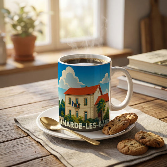 Mug souvenir de la ville de Gamarde-les-Bains orné d'une illustration stylisée d'une bâtisse régionale.