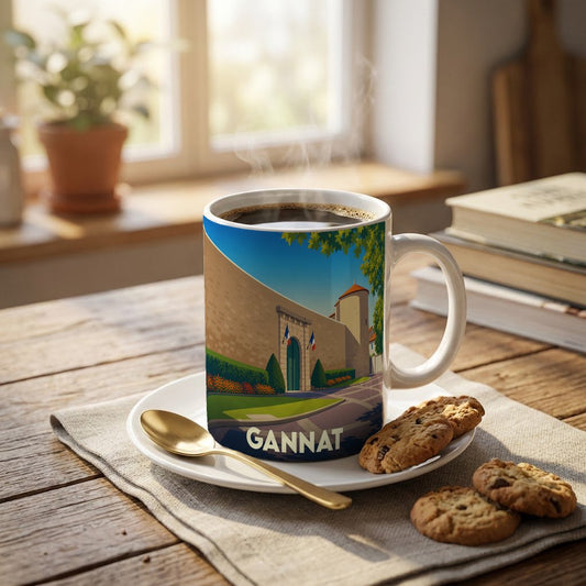 Mug souvenir de la ville de Gannat avec une illustration stylisée d'un monument historique.