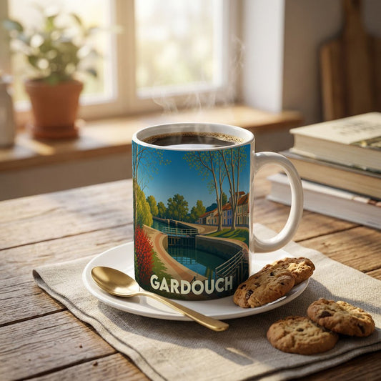 Mug souvenir de la ville de Gardouch avec une illustration stylisée du canal du Midi.