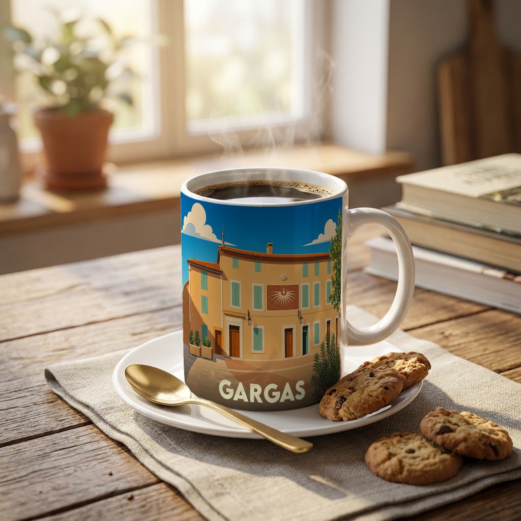 Mug souvenir de la ville de Gargas avec une illustration stylisée d'un bâtiment provençal sous un ciel bleu.