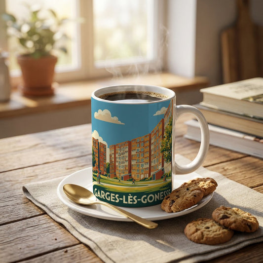 Mug souvenir de la ville de Garges-lès-Gonesse avec une illustration stylisée de son paysage urbain.