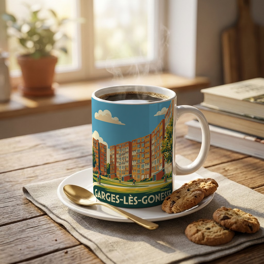 Mug souvenir de la ville de Garges-lès-Gonesse avec une illustration stylisée de son paysage urbain.