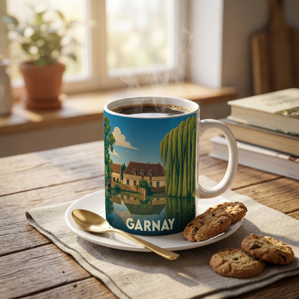 Mug souvenir de la ville de Garnay avec une illustration colorée d'un moulin au bord de l'eau.