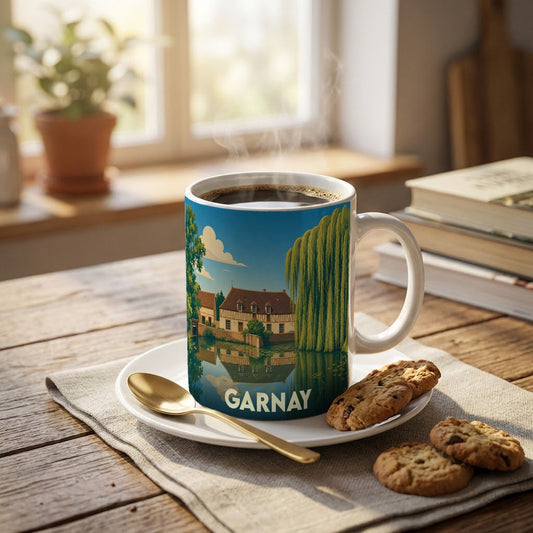 Mug souvenir de la ville de Garnay avec une illustration colorée d'un moulin au bord de l'eau.
