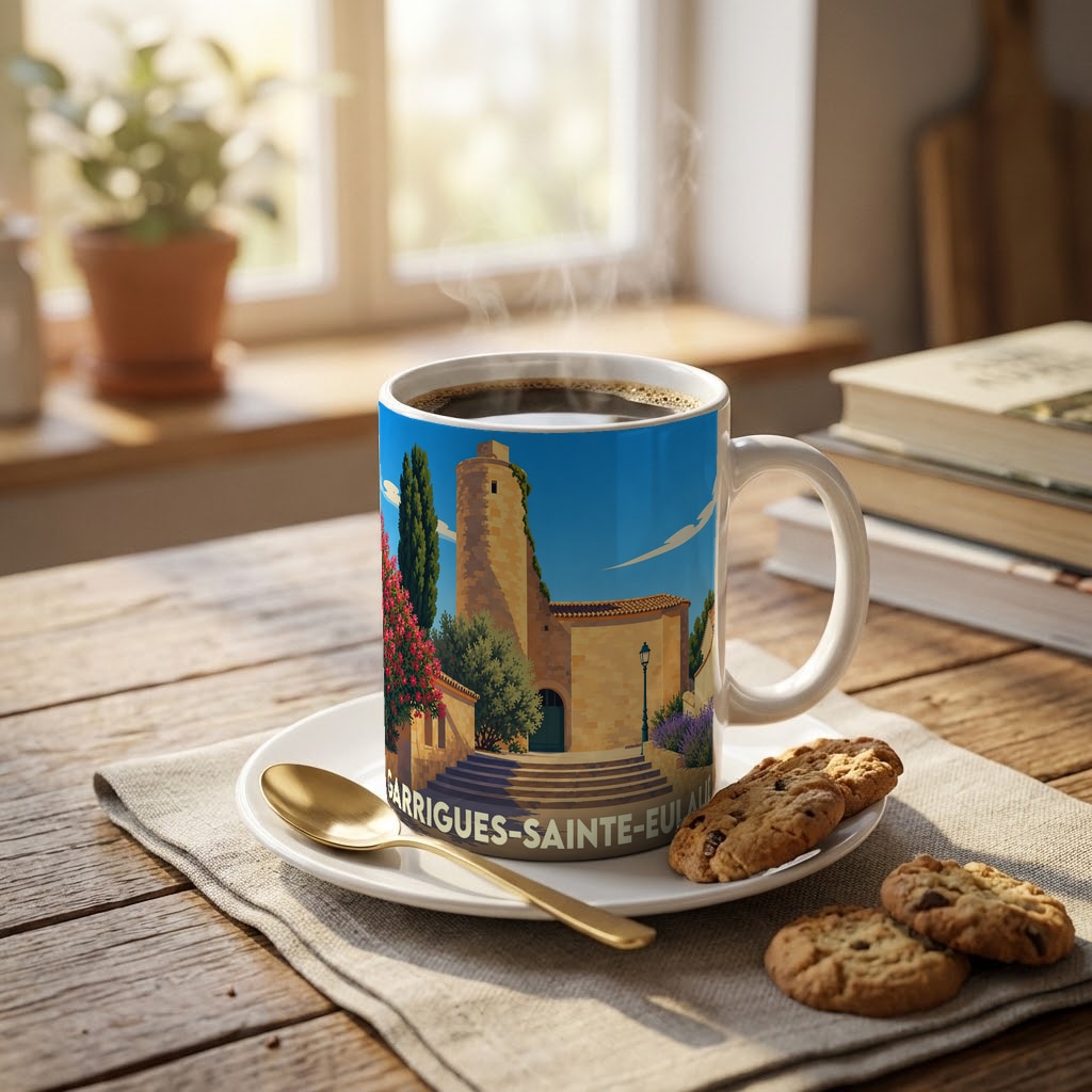 Mug souvenir de la ville de Garrigues-Sainte-Eulalie arborant une illustration stylisée de son patrimoine historique.