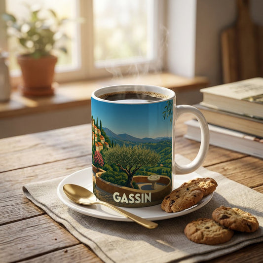 Mug souvenir de la ville de Gassin orné d'une illustration stylisée de paysage provençal.