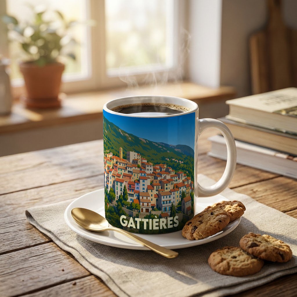 Mug souvenir de la ville de Gattières orné d'une illustration stylisée d'un village perché.