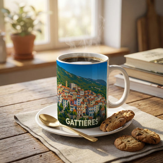 Mug souvenir de la ville de Gattières orné d'une illustration stylisée d'un village perché.