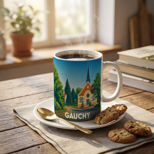 Mug souvenir de la ville de Gauchy avec une illustration stylisée de son église entourée de verdure.