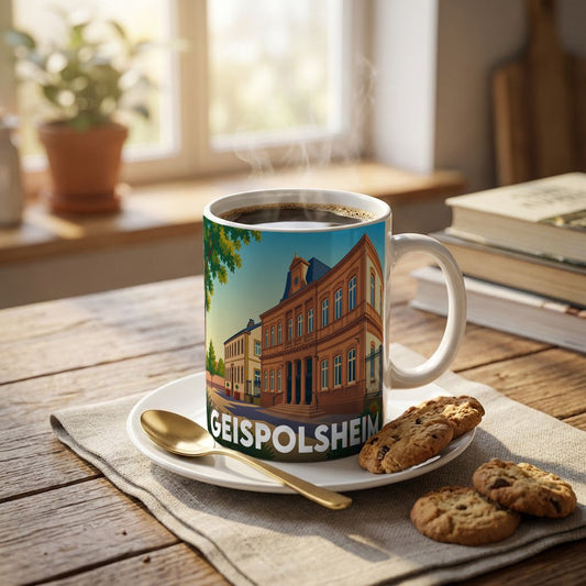 Mug souvenir de la ville de Geispolsheim avec une illustration stylisée.