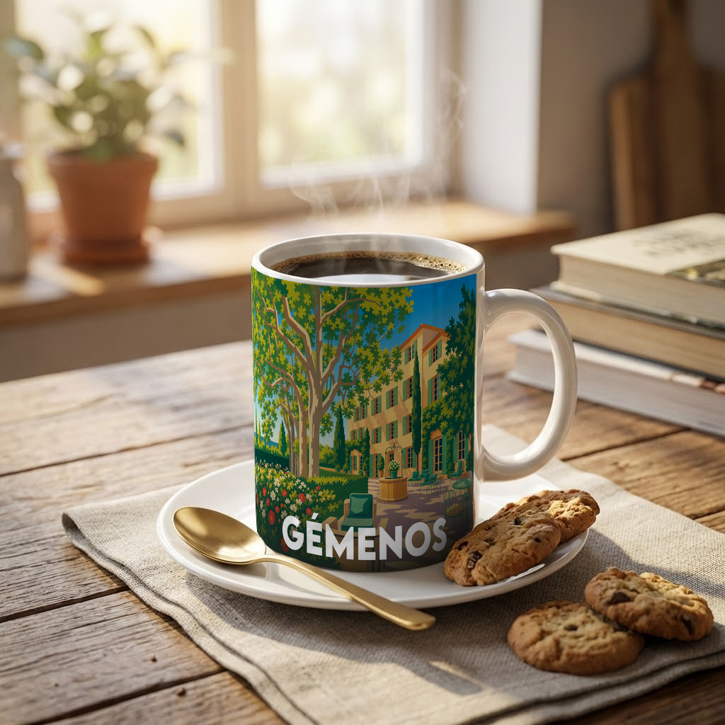 Mug souvenir de la ville de Gémenos orné d'une illustration stylisée d'un jardin provençal.
