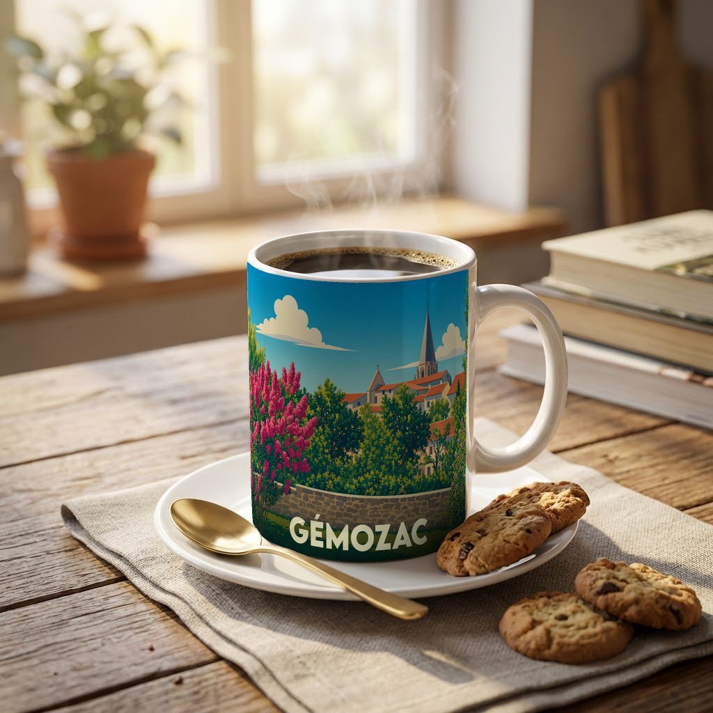 Mug souvenir de la ville de Gémozac avec une illustration stylisée d'un paysage urbain arboré.