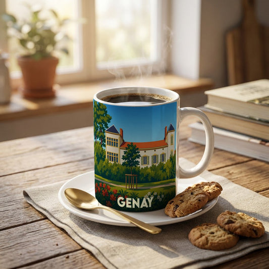 Mug souvenir de la ville de Genay orné d'une illustration stylisée de son château.