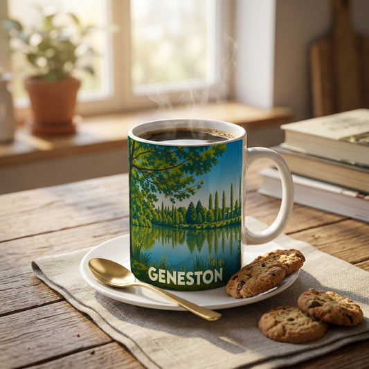 Mug souvenir de la ville de Geneston arborant une illustration stylisée d'un paysage de lac.