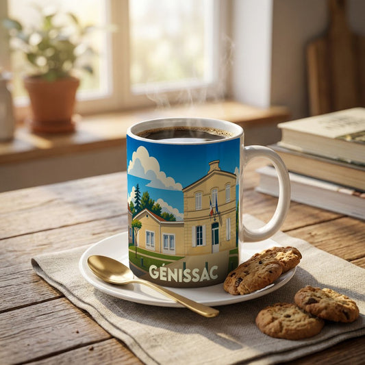 Mug souvenir de la ville de Génissac orné d'une illustration stylisée de sa mairie.