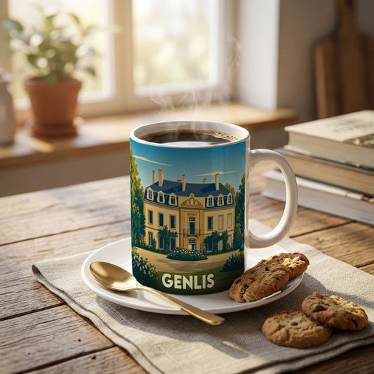 Mug souvenir de la ville de Genlis orné d'une illustration stylisée d'un château.