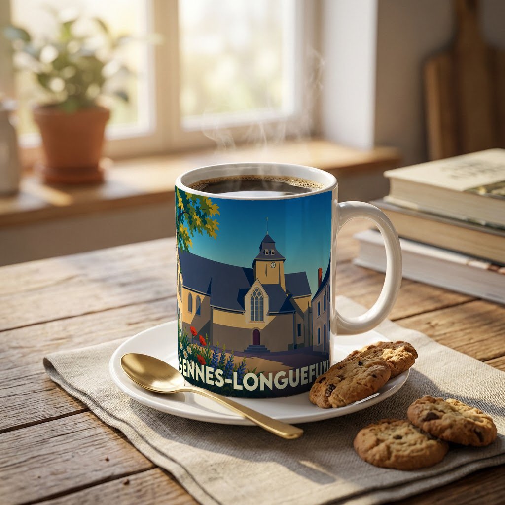 Mug souvenir de la ville de Gennes-Longuefuye illustré d'un paysage urbain stylisé.